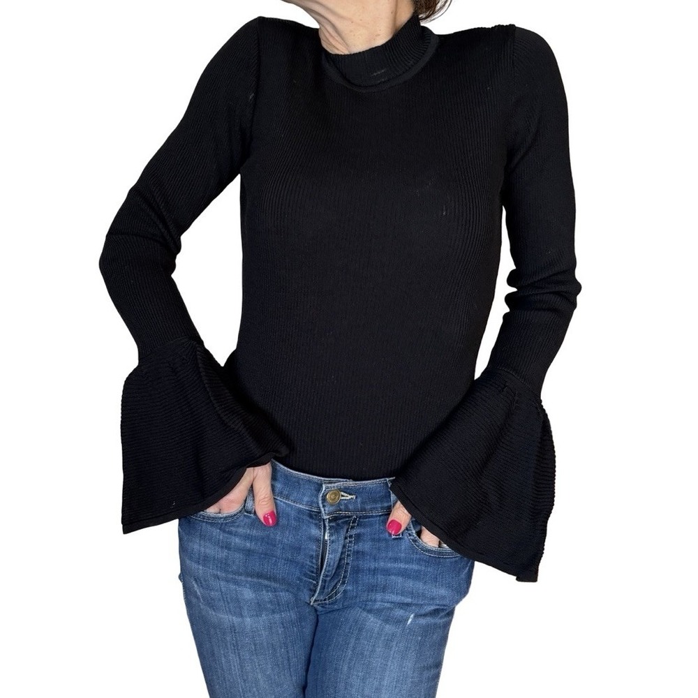 Fred & Sibel Black Ribbed Knit Bell Long Sleeve Stretchy  Mock Neck Sweater‎ XS